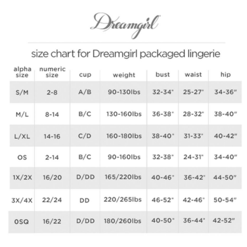 Dreamgirl Extra-Curricular Cutie Costume size chart