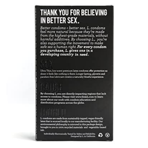 L. Ultra Thin Vegan-Friendly Lubricated Latex Condoms back of box