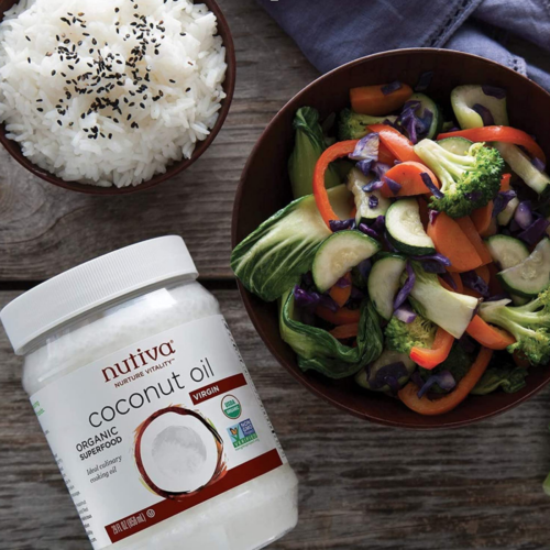 Nutiva Organic Cold-Pressed Virgin Coconut Oil with food