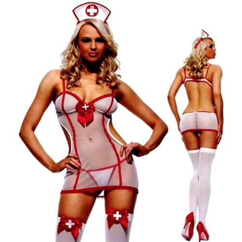 Sexy Nurse Sheer Uniform Costume Set front and back