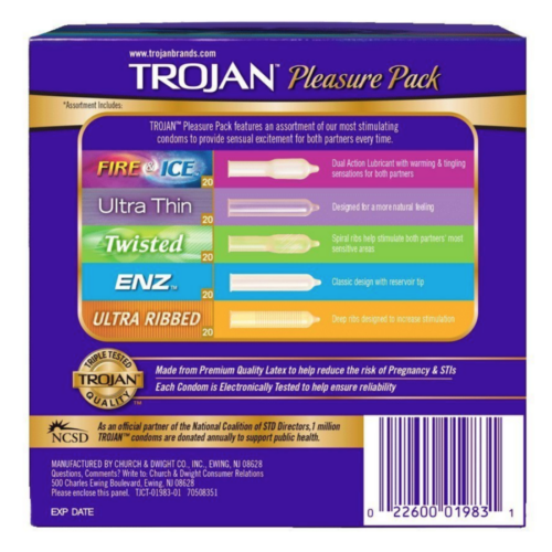 TROJAN Pleasure Pack Condoms 100 count back of box
