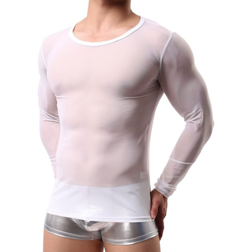 WINDAY Men's Sexy Long Sleeve Mesh Top white